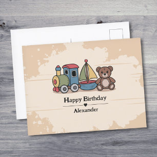 Houten speelgoed met trein, zeilboot en teddybeer briefkaart