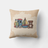 Houten Speelgoed met trein, zeilboot en teddybeer Kussen (Achterkant)