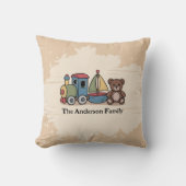 Houten Speelgoed met trein, zeilboot en teddybeer Kussen (Voorkant)