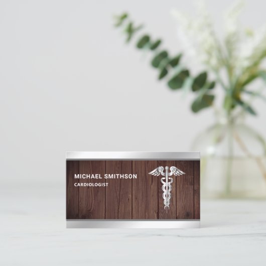 Houten staal Caduceus Symbool Medische Professiona Visitekaartje (Staand voorkant)