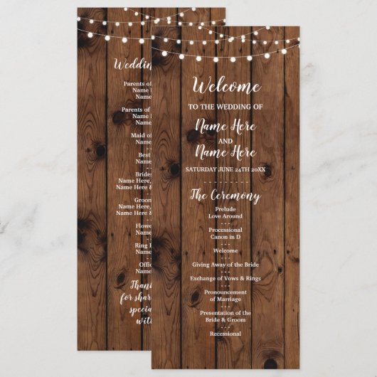 Houten & String Lichtjes Trouwprogramma Programma (Voorkant / Achterkant)