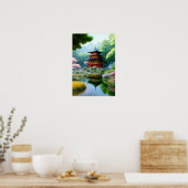 Houten tempel in Japanse tuin Poster (Keuken)