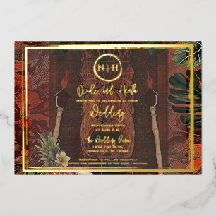 Houten Tiki Vintage Hawaiaans Gouden Trouwfeest Folie Uitnodiging