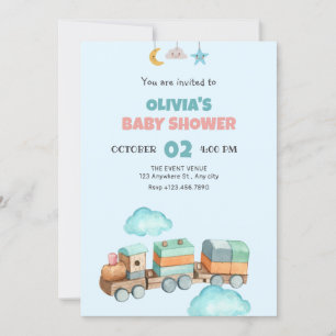 Houten Treinspeelgoed baby shower Uitnodiging