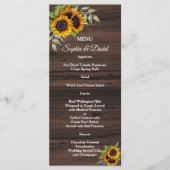 Houten trouwmenu met romantische zonnebloemen menu (Voorkant)