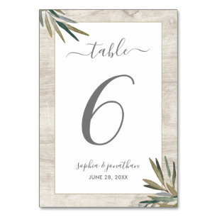 Houten trouwtafelnummer met botanische aquarel kaart