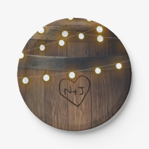 Houten Vat Gesneden Hart Lichtjes Rustieke Bruilof Papieren Bordje