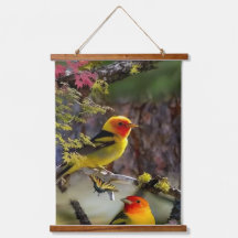 Houten wandtapijt Gouden Zangvogels en Rood