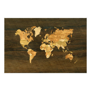 Houten Wereldkaart Foto Afdruk
