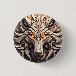 Houten Wolf Kunstsnijwerk met Geometrische Patrone Ronde Button 3,2 Cm