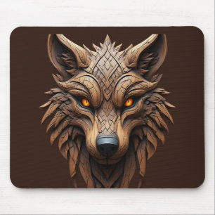 Houten wolfskunstsnijwerk met geometrische patrone muismat