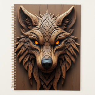 Houten wolfskunstsnijwerk met geometrische patrone planner