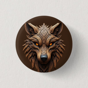 Houten wolfskunstsnijwerk met geometrische patrone ronde button 3,2 cm