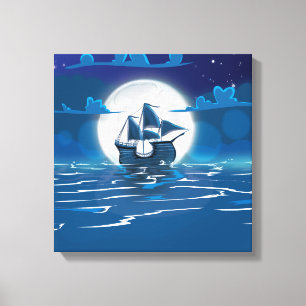 Houten zeilschip reis bij het maanlicht canvas afdruk