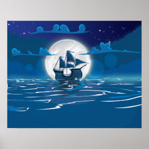 Houten zeilschip reis in het maanlicht poster