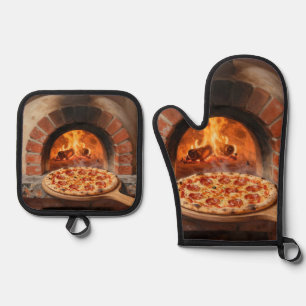Houtgestookte Pepperoni Pizza Rustieke Italiaanse Ovenwant & Pannenlap Set