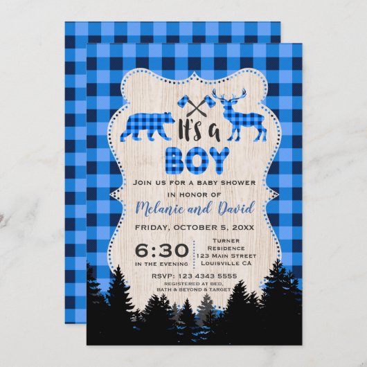 Houthakker Little Hunter Blauwe Geruite Baby Showe Kaart (Voorkant / Achterkant)