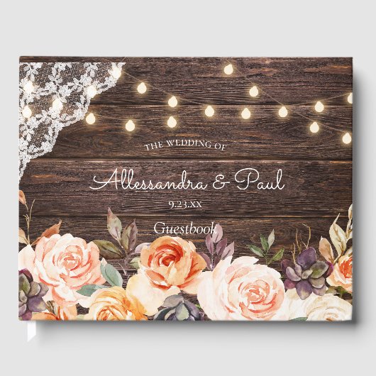 Houtkant, String Lights, Blush & Peach Floral Gastenboek (Voorkant)