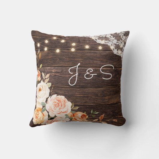 Houtkant, String Lights, Blush & Peach Floral Kussen (Achterkant)