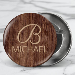Houtkorrelhout met monogram, gepersonaliseerde naa ronde button 5,7 cm
