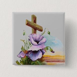 Houtkruis met paarse bloemen vierkante button 5,1 cm