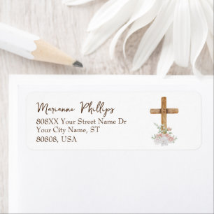 Houtkruis met roze en witte bloemen etiket