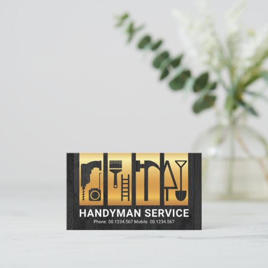 Houtlaag Gouden Handyman Tools Visitekaartje (Staand voorkant)