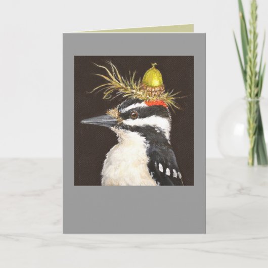 houtpecker met een kaartje voor pet met eikel kaart (Voorkant)