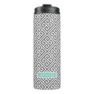 Houtskool en Aqua Griekse Sleutel Monogram Thermosbeker