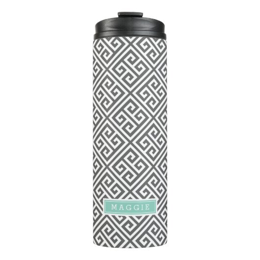 Houtskool en Aqua Griekse Sleutel Monogram Thermosbeker (Voorkant)