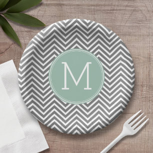 Houtskool en Mintgroene Chevrons Aangepast Monogra Papieren Bordje