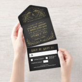 Houtskool & Gold Raven Monogram Gothic Wedding All In One Uitnodiging (Uittrekbaar)