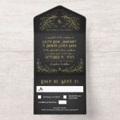 Houtskool & Gold Raven Monogram Gothic Wedding All In One Uitnodiging (Binnenkant)