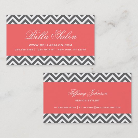 Houtskool grijs en koraal moderne Chevron strepen Visitekaartje (Voorkant / Achterkant)