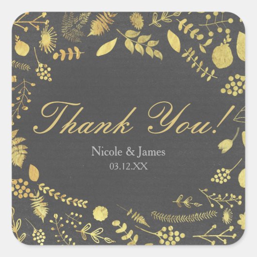 Houtskool Grijs & Goud Bloemen Bruiloft Stickers (Voorkant)