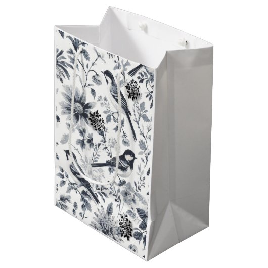 Houtskool Grijs Vogel Toile Gift Bag Medium Cadeauzakje (Voorkant Gekanteld)