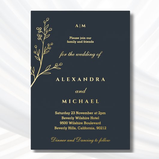 Houtskool Monogram Botanisch Minimalistisch Goud Folie Uitnodiging