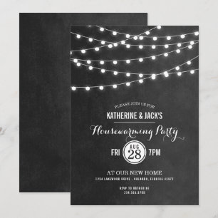 Houtskool String Lights Housewarming Party Uitnodi Kaart