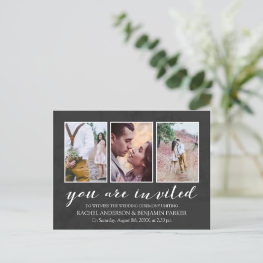 Houtskool & Wit Fotocollage Uitnodiging voor het H (Staand voorkant)