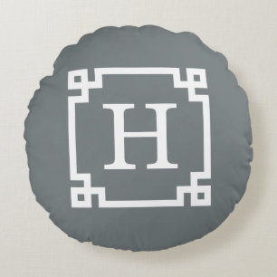 Houtskool Witte Griekse Sleutel Frame #2 Initiële  Rond Kussen