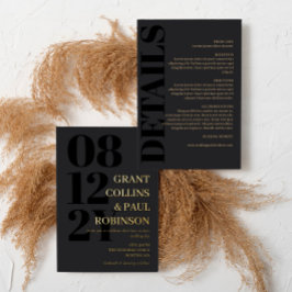 Houtskool Zwart & Goud Typografie 2 in 1 Bruiloft Folie Uitnodiging