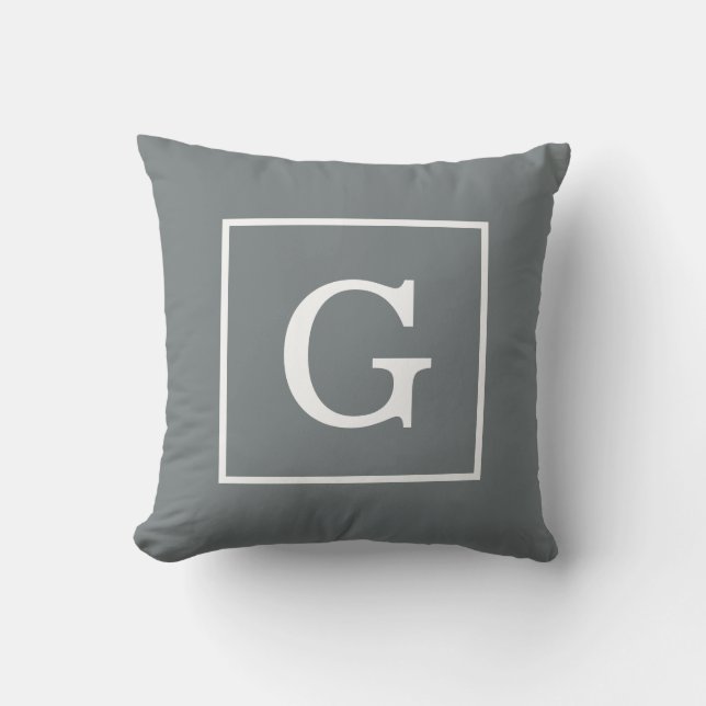 Houtskoolgrijs Wit Omkaderd Initiaal Monogram Kussen (Voorkant)