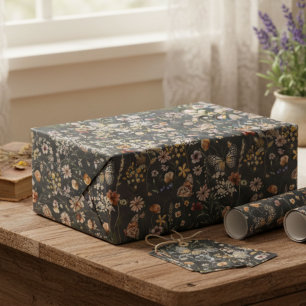 Houtskoolgrijze Boho Waterverf Wilde Bloemen Cadeaupapier
