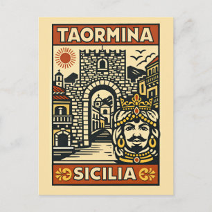 Houtsnede Rood Geel Taormina Sicilië Porta Messina Briefkaart