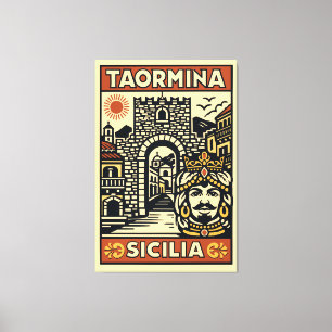 Houtsnede Rood Geel Taormina Sicilië Porta Messina Canvas Afdruk