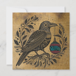 Houtsnede Stijl Kerst Raven met Kleur Ornament Feestdagenkaart