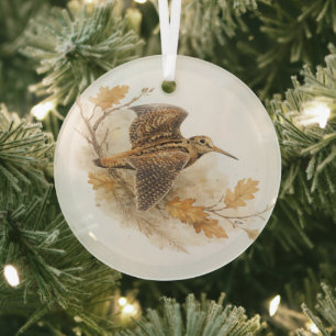 Houtsnip in Vlucht , Herfst Bos Natuur Kunst Glas Ornament