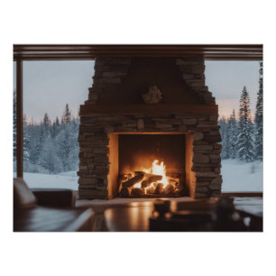 Houtvuur in een open haard. perfect poster