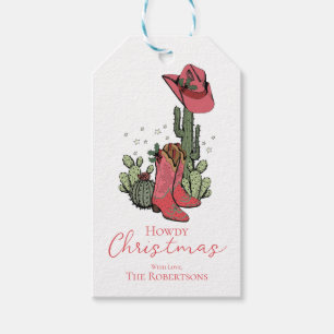 Howdy Kerstmis Cowgirl laarzen en cactussen Cadeaulabel