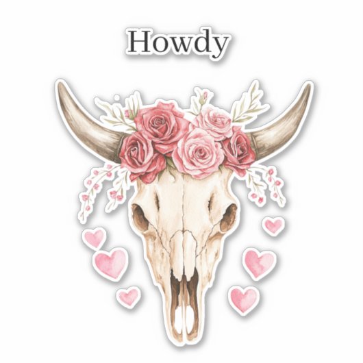 Howdy Skull Pink Roses Hearts Sticker (Voorkant)